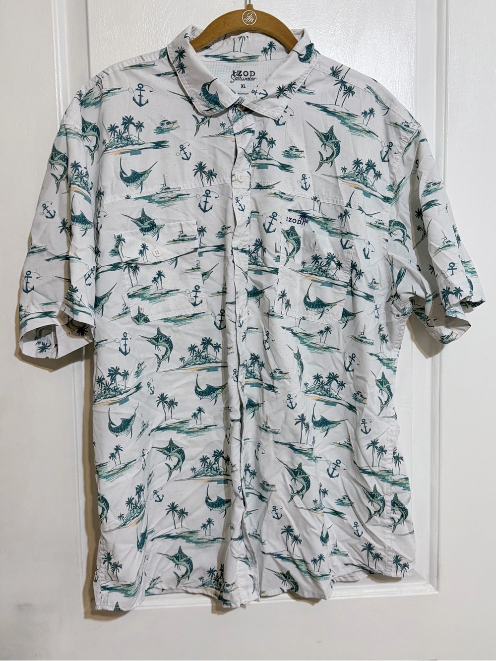 IZOD Men’s White Short-Sleeve Tropical Print Shirt Fishing xl
